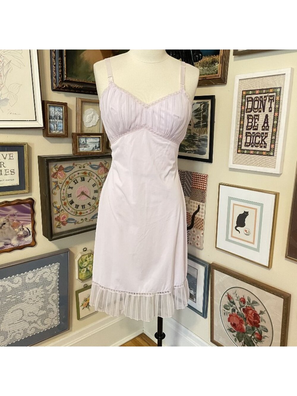 50s Vintage Formfit Rogers Lavender Nylon Slip Dress with Pleated Bust Size 38/L